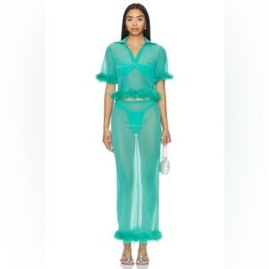 Lovers and Friends AZIZA SHEER TOP and Skirt SET Blue Sheer feather NWT Sz Small